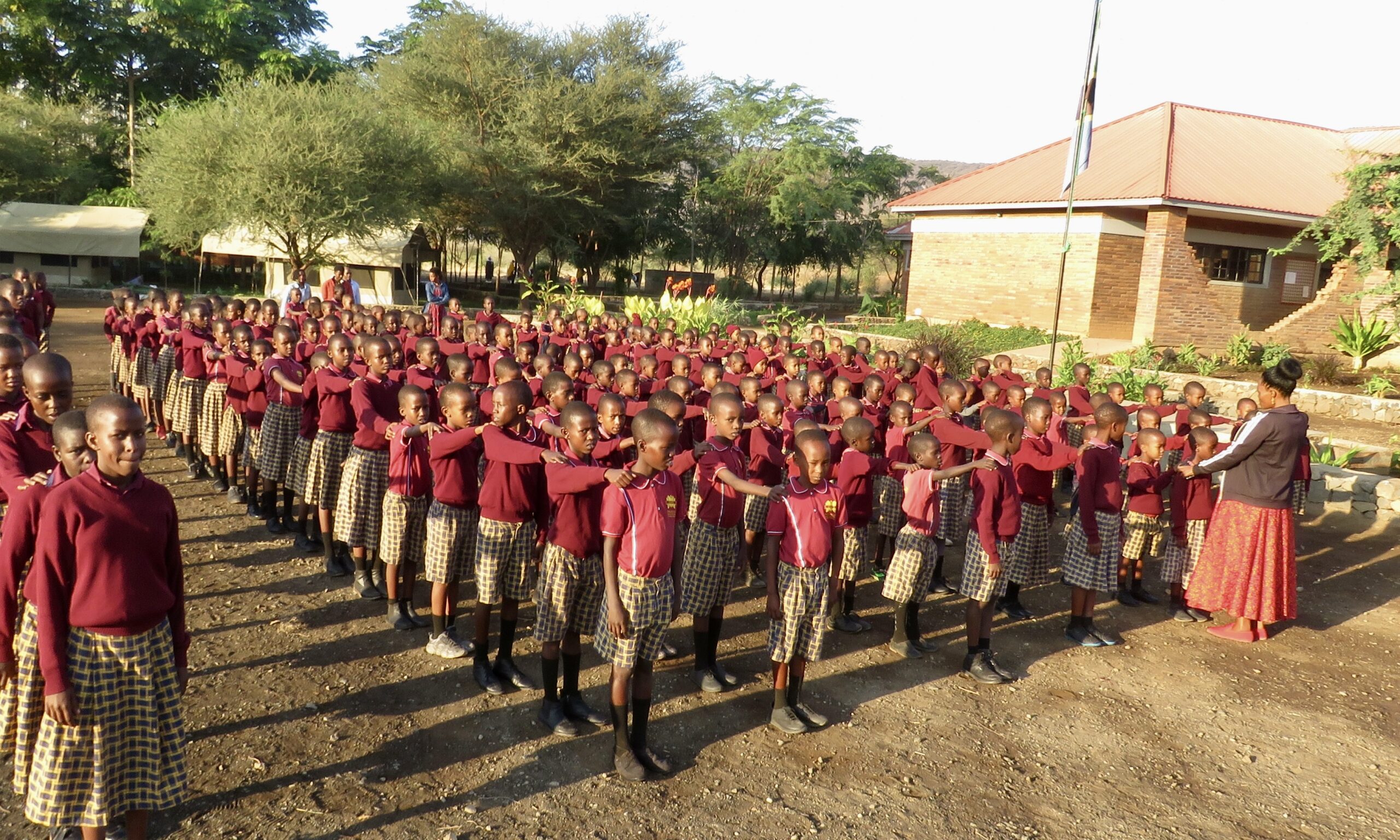 A large group of students gathered outside